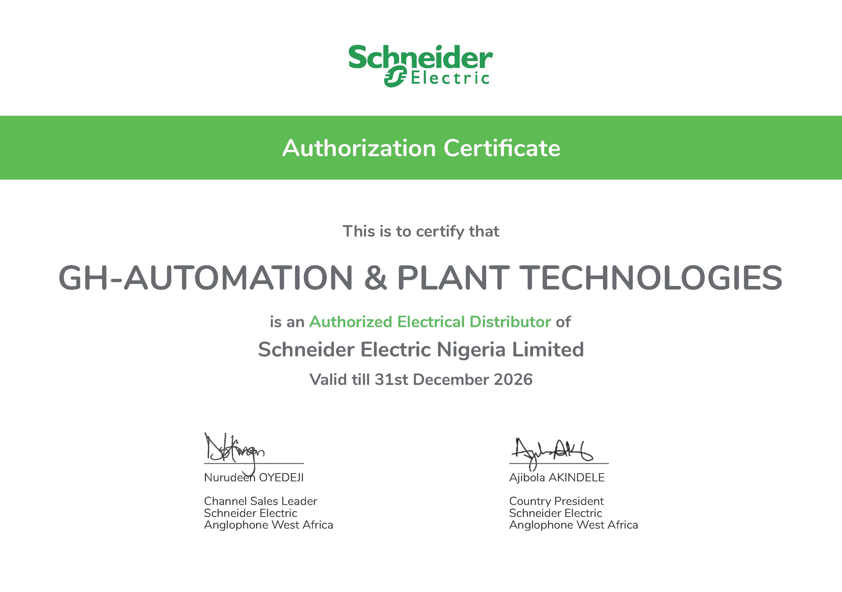 Schneider Electric General Distributor Certificate